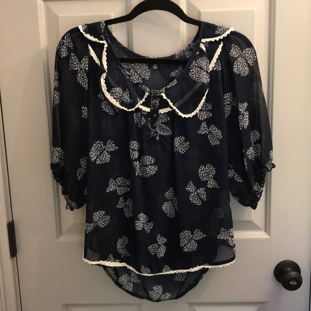 Navy blue sheer ribbon blouse